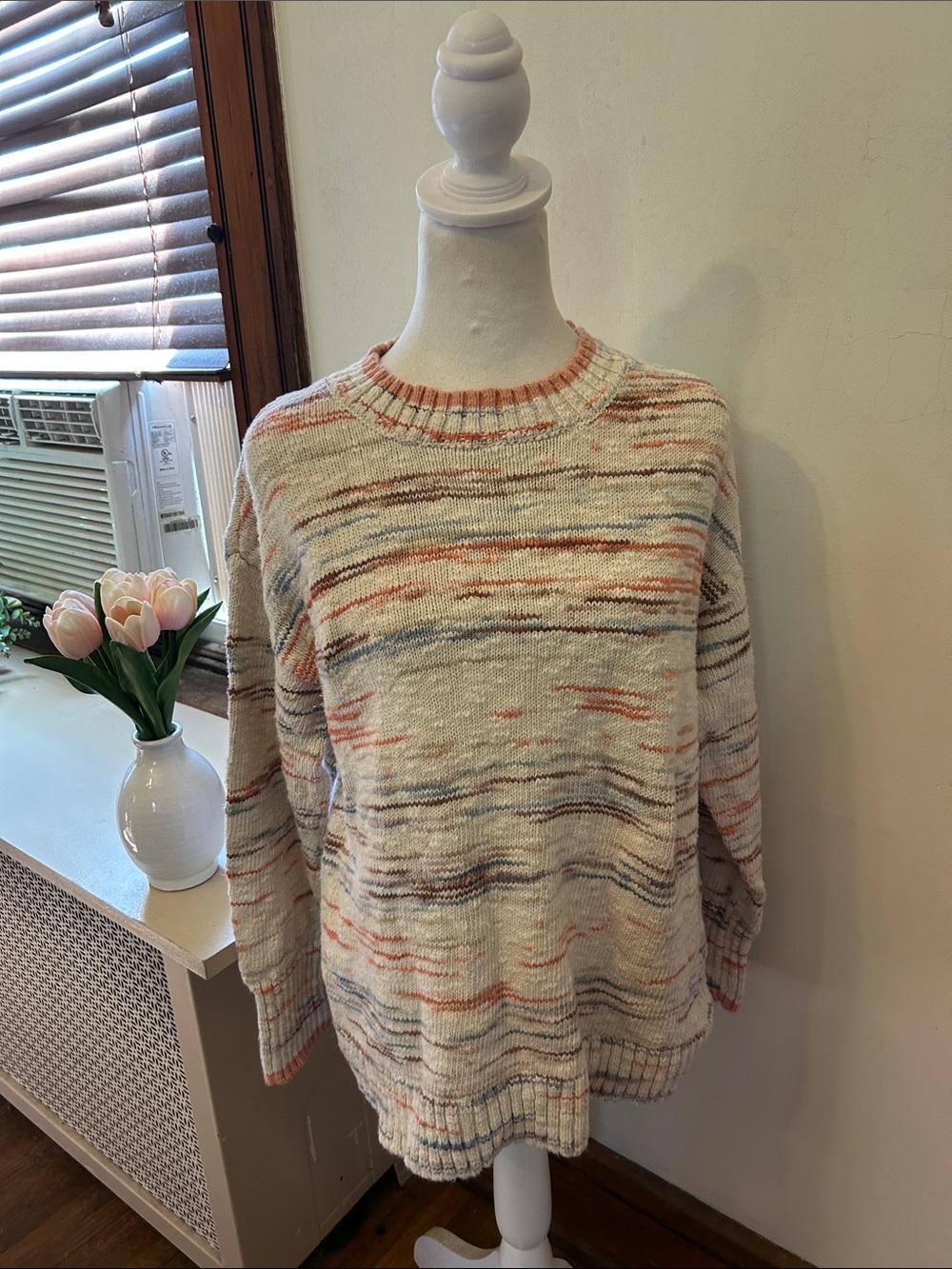 LL Bean cream Multi-Stripe Crewneck Sweater Size XL EUC